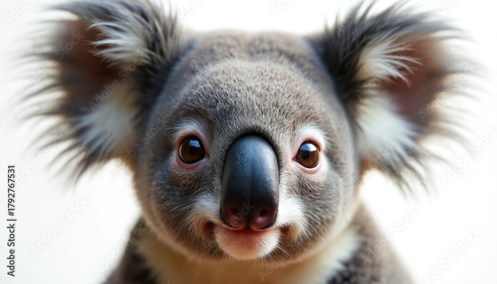 Obraz premium Cute koala face close up on white backdrop. Fuzzy Australian marsupial animal with big brown eyes and dark nose. Baby koala looking at viewer with soft furry ears.