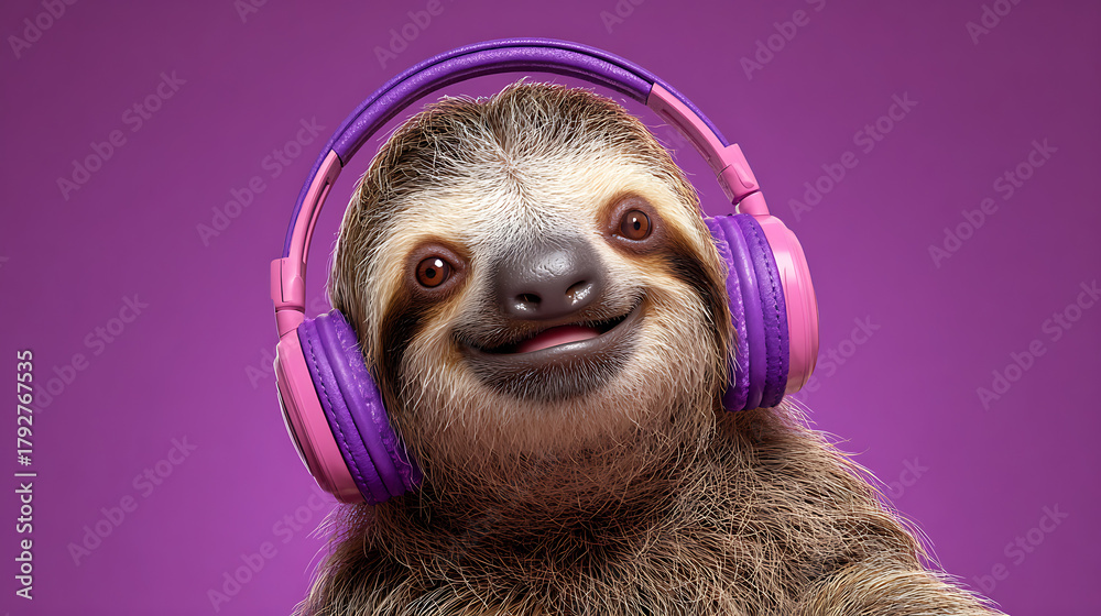 Fototapeta premium Happy sloth wearing pink and purple headphones listening to music animal cute