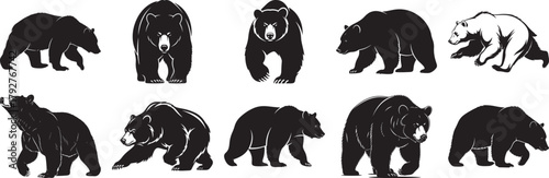 Bear silhouette vector collection showing walking, standing, roaring, and wildlife animal poses for nature design use