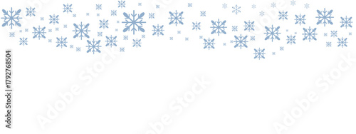 Winter snow border with pale blue snowflakes of varying sizes drifting down from the top edge against a clean white background. Minimalist, cold-toned design suitable for Christmas, New Year
