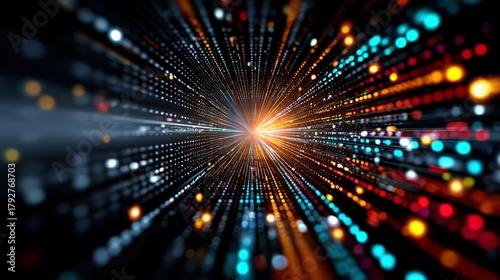 A Stunning Visual Display of Light and Color Emanating from a Central Point, Representing Energy Dynamics and Digital Connectivity in a Futuristic Design