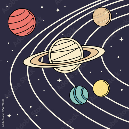 Illustration of planets in space with rings and stars on dark background