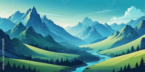 Mountain valley composition showing ridge layers, conifer trees, and early-light atmosphere, suitable for tourism visuals, environmental campaigns, green grass layer and graphic design projects.