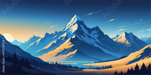 Peaceful golden morning across misty wilderness hills, gentle sunlight blending with cool blue tones and soft forest silhouettes. vector background.