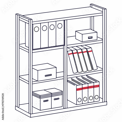 Line art of a bookshelf with books and boxes