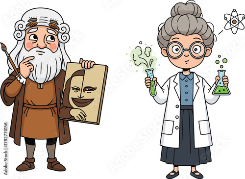 Cartoon scientist and artist characters, creative science and art concept, innovation and knowledge illustration, education and imagination teamwork inspiration