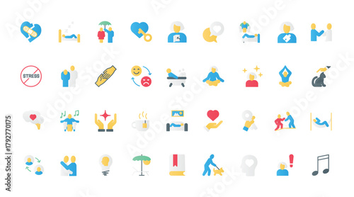 Psychology assistance and therapy, symbols of self mind hygiene and mental health to heal stress problems and depression. Help and support in stress, wellbeing flat icons set vector illustration.