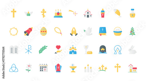 Christian religion flat icons set vector illustration. First communion and worship symbols, Christmas and Easter religious celebration, catholic and baptism church and holy Bible.