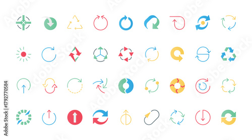Circle and triangle arrows flat icons set vector illustration. Chart symbols of cycle and restart, circulation and regeneration process, recycle sign and web update loop diagram.