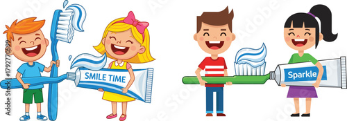 Happy cartoon kids brushing teeth together with giant toothbrush and toothpaste, dental hygiene education, children oral care health illustration concept