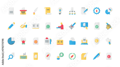 Abstract authors symbols to write blog content and articles, pencil and pen, copyright patent protection for original text. Storytelling, copywriting flat icons set vector illustration.