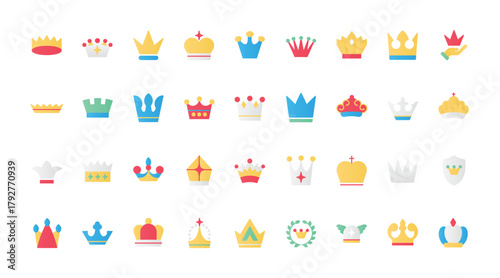 Abstract flat luxury symbols of authority and royalty, simple royal tiaras of king or queen, chess badge crown, classic heraldic emblem on shield. Crown flat icons set vector illustration.