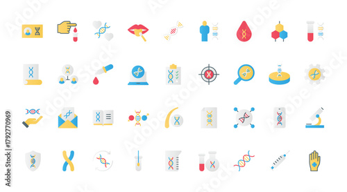 Abstract genetic diagnostics symbols, analysis of hair and blood samples, scientific technology for disease diagnosis. DNA research, medical tests in clinic flat icons set vector illustration.