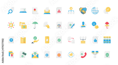 Abstract certificate of quality guarantee for business product, paper with seal and stamp badge to approve audit form or report, agreement. Document approval flat icons set vector illustration.