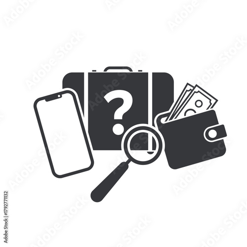 Isolated lost and found pictogram with briefcase, phone, wallet, and question mark, symbolizing missing items in public areas.
