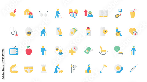 Elderly care flat icons set vector illustration. Old age and gerontology symbols, senior man and woman leisure, assistance services and help for elder people in hospital or home