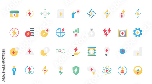 Electric vehicles and energy flat icons set vector illustration. EV service symbols, electric power efficient consumption, production and storage to save environment, battery charger points