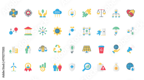 ESG flat icons set vector illustration. Pictograms of environmental, social criterias for corporate management, investment and organisation of company, financial care, safety and ethics.