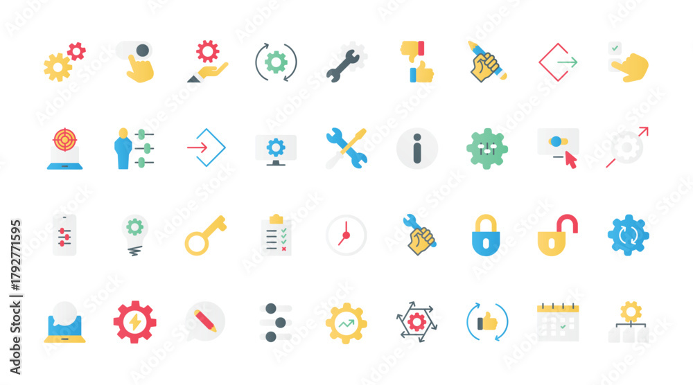 Naklejka premium Control and management of system productivity line icons set vector illustration. Outline gears and cogwheels of machine engine, repair and maintenance service tools for modification and setup.