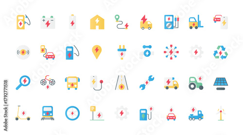 Electric vehicles and energy flat icons set vector illustration. EV service symbols, electric power efficient consumption, production and storage to save environment, battery charger points.