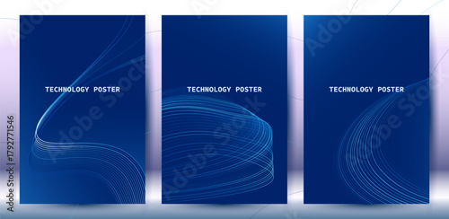 Tech poster set. Futuristic digital blue wave line. glowing lines innovation background for tech event poster or presentation product business