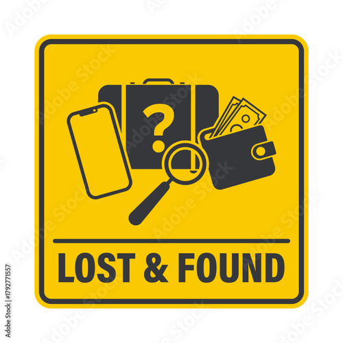 Isolated lost and found label with briefcase, phone, wallet, and question mark, symbolizing missing items in public areas.