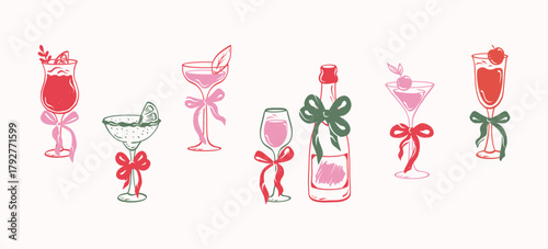 Merry Christmas hand drawn ink line cocktail party set. Vector Sketch doodle colorful wineglass for poster, placard, invitation or postcard prints.