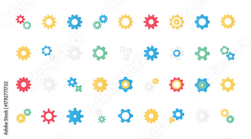 Gears and cogwheels flat icons set vector illustration. Circle transmission gears for factory machinery and machine engine, bike and clock sprocket, teamwork progress and setting signs.