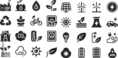 Renewable Energy and Zero Waste Ecology Icon Set Vector