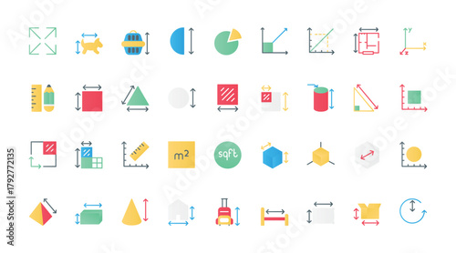 Dimension, area, and measure flat icons set vector illustration. Infographic pictograms of length, height, and width measurement, circular and straight lines with arrows and scales.