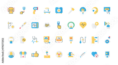 Medical devices vector illustration set. Equipment and machine work to monitor health and diagnosis of patient, hospital EKG and glucometer, ultrasound scanner and thermometer.