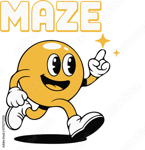 Retro arcade maze game character running with stars and neon lights