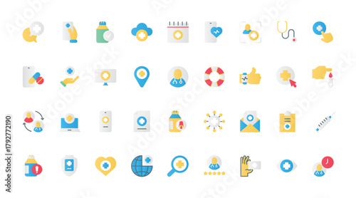 Medical devices flat icons set vector illustration. Equipment and machine work to monitor health and diagnosis of the patient, hospital EKG and glucometer, ultrasound scanner and thermometer.