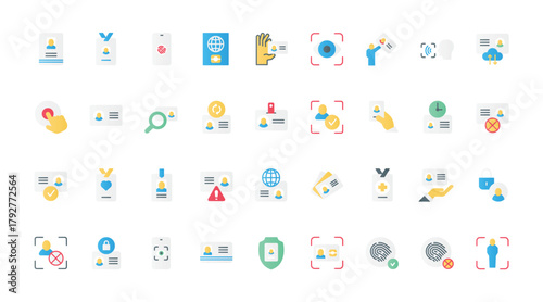 ID cards flat icons set vector illustration. Badge with name, photo, and information for identification of person, plastic document for user identity and verification, camera scan.