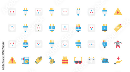 Electric power socket types flat icons set vector illustration. Symbols collection of world standards for outlets of different countries, safety gear, equipment of electrician, and battery.