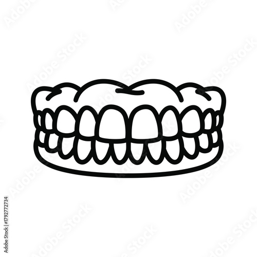 Stylized line art illustration of a full set of human teeth