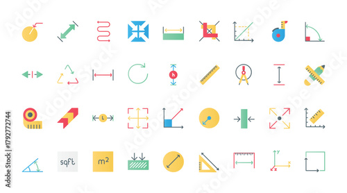 Size measure flat icons set vector illustration. Infographic pictograms of measurement of room area and geometric shapes, baggage and pet carrier, delivery box dimensions with a ruler.