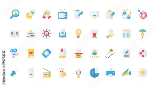 Storytelling flat icons set vector illustration. Black symbols collection of author telling a story, news interview of journalist, digital content and information of a blogger in social media.