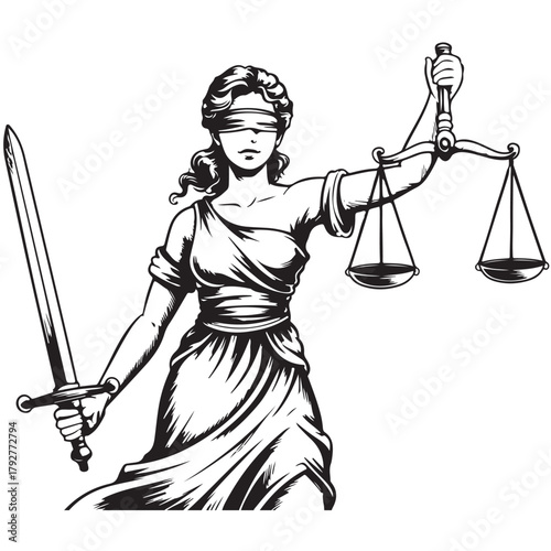 Lady Justice silhouette holding scales and sword in bold vector style