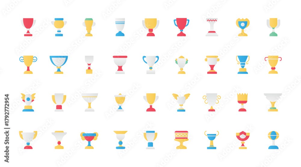 Fototapeta premium Trophy cups, award flat icons set vector illustration. Abstract outline trophy symbols collection, reward for sports champions and winners in a championship, goblet prize for a football team.