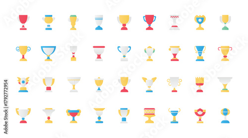Trophy cups, award flat icons set vector illustration. Abstract outline trophy symbols collection, reward for sports champions and winners in a championship, goblet prize for a football team.