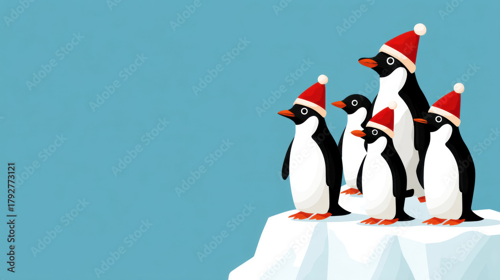 Obraz premium Christmas penguin group wearing red hat standing on snowy ice with blue sky background, joyful winter holiday scene