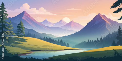 Reflective lake within a mountain valley surrounded by forest shapes, sunset evening and warm lighting, suitable for nature-inspired design projects and background graphics.