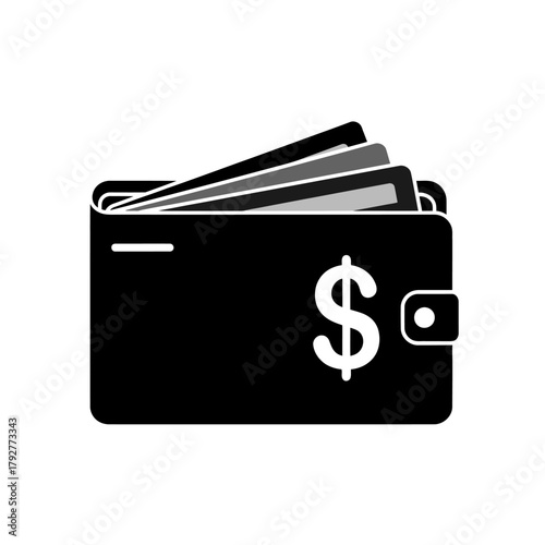 Single Vector Icons of Black Wallet with Dollar Sign and Credit Cards Icon. EPS Editable