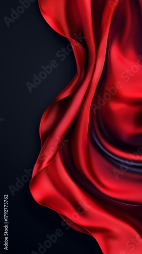 Red Silk Ribbon Flowing Over Smooth Black Fabric Creating Elegant Texture.