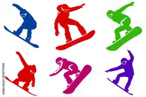 Snowboarder action silhouette isolated on white background