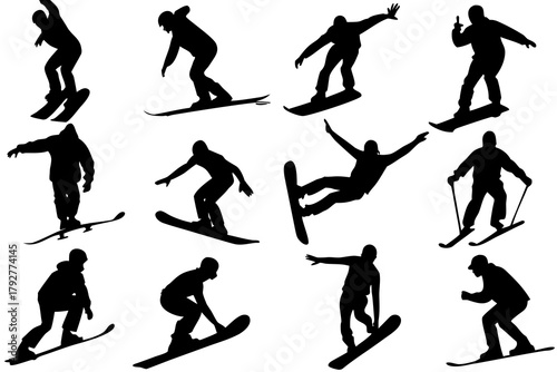 Snowboarder action silhouette bundle illustration isolated on white background
