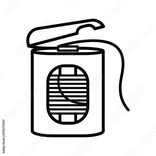 Dental floss container with lid open and floss strand coming out