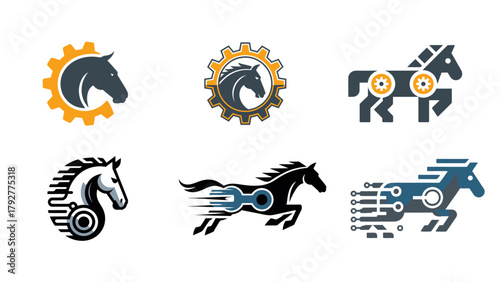Dynamic Horse Logos With Gear Motifs and Tech Elements for Branding and Innovation