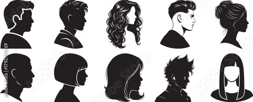 Male and female hairstyle silhouette vector set including profile head shapes, modern haircut, and fashion style icons